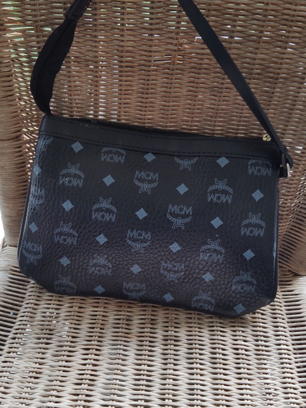 MCM Black Logo-Print Shoulder Bag with Gray Accents